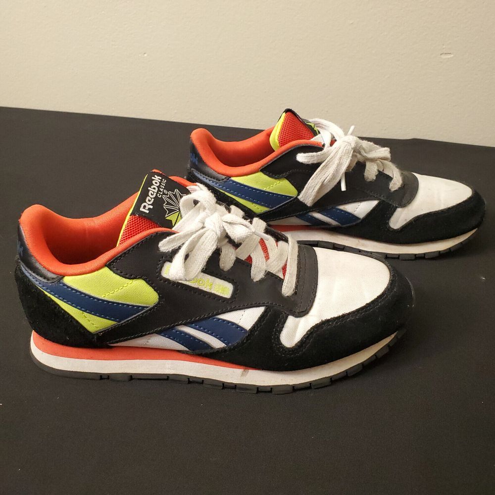 Reebok Classic Sneaker Shoes Kids Size 2 1/2 White Black Dynamic Red Yellow Lime